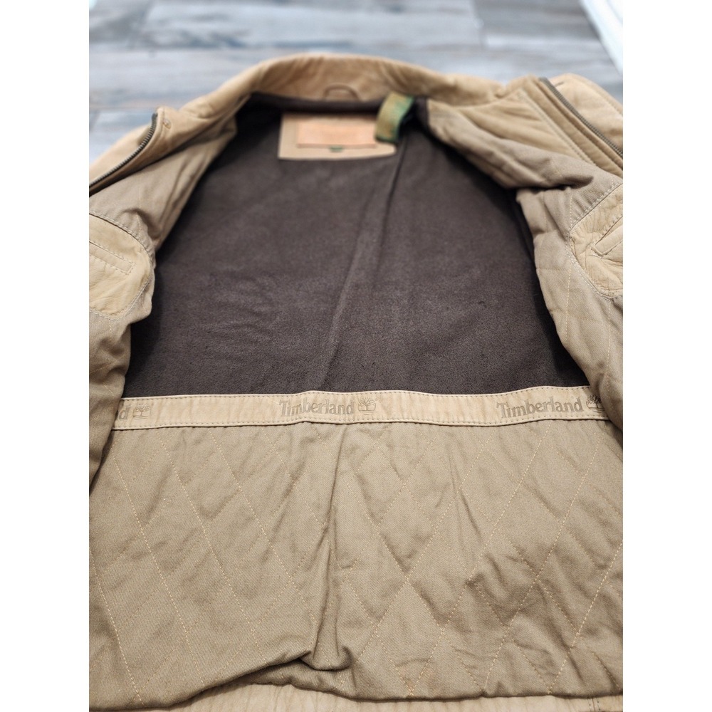 Timberland Leather Gear Jacket XL Tan Genuine Cowhide Quilted Field Coat - Picture 15 of 16